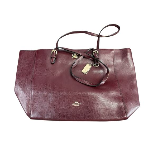 Coach Turnlock Leather Tote Bag Oxblood Burgundy Pebbled Gold Hardware - Picture 3 of 14